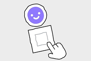 Un botón morado con cara sonriente y una mano apuntando hacia un cuadrado blanco sobre un fondo gris claro