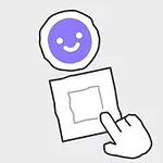 Un botón morado con cara sonriente y una mano apuntando hacia un cuadrado blanco sobre un fondo gris claro