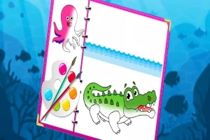 Dibujo de un cocodrilo coloreado junto a una paleta de pintura, pincel y un dibujo de un pulpo en un cuaderno