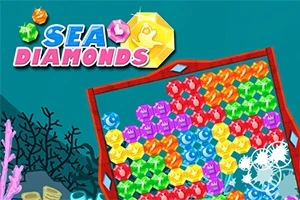 Interfaz de un juego con diamantes de colores brillantes enmarcados en una cuadrícula bajo el mar, con corales y monedas al fondo
