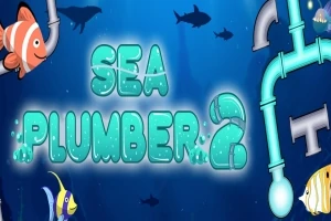 Peces de colores y tuberías submarinas con un fondo azul oscuro y tiburones a lo lejos