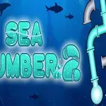 Peces de colores y tuberías submarinas con un fondo azul oscuro y tiburones a lo lejos