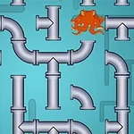 Tuberías grises conectadas en un patrón complejo sobre un fondo azul claro, con dos criaturas naranjas similares a pulpos ubicadas en la esquina inferior izquierda y la parte superior derecha