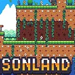 Un paisaje pixelado con plataformas de tierra, vegetación, y un fondo de cielo azul con nubes, acompañado de la palabra SEASONLAND en la parte inferior