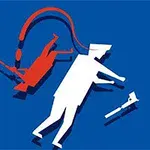 Figura geométrica en blanco y rojo, en estilo abstracto, representando una persona cayendo con armas en un fondo azul