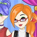 Dos personajes animados con estilos de cabello colorido en un fondo de cortinas rosas