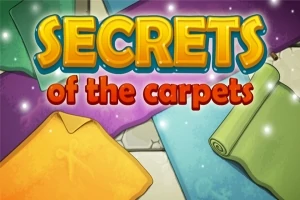 Título «Secrets of the Carpets» sobre fondos de alfombras de colores brillantes y detalles decorativos