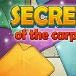 Título «Secrets of the Carpets» sobre fondos de alfombras de colores brillantes y detalles decorativos