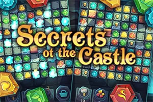 Tablero de gemas brillantes con el título Secrets of the Castle en letras doradas al centro