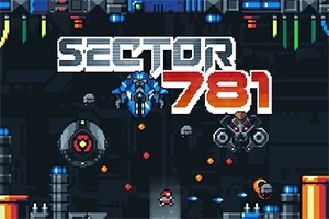 Título Sector 781 en un diseño pixel art con naves y personajes futuristas en un entorno oscuro