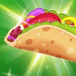 Taco colorido con ingredientes como lechuga, tomate, cebolla y carne sobre un fondo verde brillante con destellos