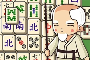 Un personaje con bastón y azulejos con símbolos chinos