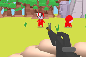 Vista en primera persona de un personaje apuntando con una arma a otros personajes de rojo en un entorno de bosque con árboles y rocas