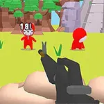 Vista en primera persona de un personaje apuntando con una arma a otros personajes de rojo en un entorno de bosque con árboles y rocas