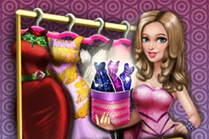 Una mujer con un vestido rosa sostiene una canasta con botellas brillantes frente a un fondo de vestidos elegantes en un perchero
