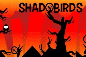 Árboles oscuros con ramas retorcidas y un personaje en silueta sobre un fondo degradado de rojo y naranja, con el texto SHADOBIRDS en la parte superior