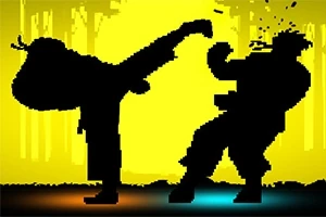 Dos siluetas en contraste, una lanzando una patada alta y la otra recibiendo el impacto, sobre un fondo amarillo intenso