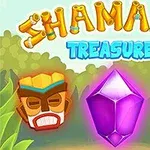 Letrero con texto colorido SHAMANS TREASURE acompañado de dos máscaras tribales y un gran cristal púrpura, con un fondo de vegetación