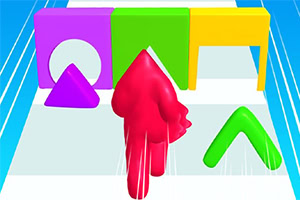 Personaje rojo corriendo hacia bloques de colores con figuras geométricas