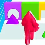 Personaje rojo corriendo hacia bloques de colores con figuras geométricas