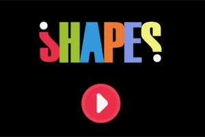 Texto colorido que dice SHAPES en fondo negro con un botón rojo de reproducción debajo