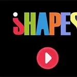 Texto colorido que dice SHAPES en fondo negro con un botón rojo de reproducción debajo