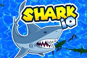 Tiburón caricaturesco con boca abierta sobre fondo de agua azul