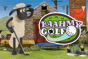 Oveja animada con un palo de golf en un entorno campestre con edificaciones rústicas y el logotipo Baaahmy Golf