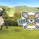 Oveja de caricatura sosteniendo una cuchara frente a un logo de Chick N Spoon sobre un paisaje campestre