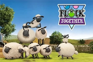 Un grupo de ovejas animadas en un campo verde con el logotipo de Flock Together en la esquina superior derecha