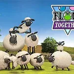 Un grupo de ovejas animadas en un campo verde con el logotipo de Flock Together en la esquina superior derecha