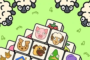 Piezas ilustradas con animales y objetos coloridos, rodeadas de ovejas sobre un fondo verde