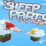 Dos ovejas con gorros rojos y amarillos flotan sobre pequeños trozos de tierra, con el texto Sheep Party 1-4 Players en el cielo azul