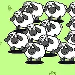 Doce ovejas blancas y negras con expresiones simpáticas sobre un fondo verde claro