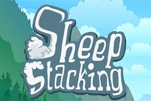 Texto estilizado Sheep Stacking en un paisaje montañoso con cielo azul y nubes esponjosas