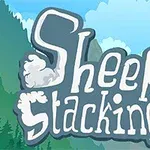 Texto estilizado Sheep Stacking en un paisaje montañoso con cielo azul y nubes esponjosas