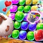 Oveja caricaturesca observando un tablero colorido de bloques brillantes con un caldero mágico y efectos brillantes