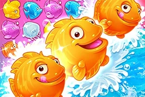 Peces dorados con caras sonrientes saltando del agua azul, acompañados de peces coloridos en el fondo