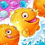 Peces dorados con caras sonrientes saltando del agua azul, acompañados de peces coloridos en el fondo