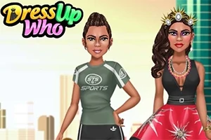 Dos personajes estilizados con ropa deportiva y elegante bajo el logo Dress Up Who sobre un fondo de ciudad