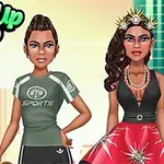 Dos personajes estilizados con ropa deportiva y elegante bajo el logo Dress Up Who sobre un fondo de ciudad