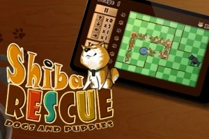 Un perro Shiba Inu cerca de un tablero de juego en una pantalla digital con el texto Shiba Rescue Dogs and Puppies
