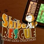 Un perro Shiba Inu cerca de un tablero de juego en una pantalla digital con el texto Shiba Rescue Dogs and Puppies