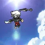 Personaje animado con cabello blanco y ropas oscuras flotando en el cielo azul con nubes, sosteniendo un cuchillo y un kunai