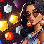 Mujer con grandes gafas de sol y joyas en un entorno colorido lleno de gemas brillantes