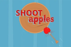 Texto SHOOT apples sobre un tablero de tiro al blanco con una flecha atravesando una manzana