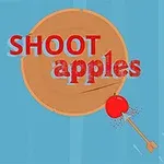 Texto SHOOT apples sobre un tablero de tiro al blanco con una flecha atravesando una manzana