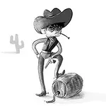 Un personaje caricaturesco vestido de vaquero, con sombrero grande y pistola, está de pie sobre un barril en un paisaje desértico con un cactus al fondo