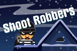 Ladrón con gorro negro y suéter de rayas blancas y negras apuntando con una pistola en un tejado nevado bajo un cielo estrellado, con texto Shoot Robbers