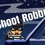 Ladrón con gorro negro y suéter de rayas blancas y negras apuntando con una pistola en un tejado nevado bajo un cielo estrellado, con texto Shoot Robbers